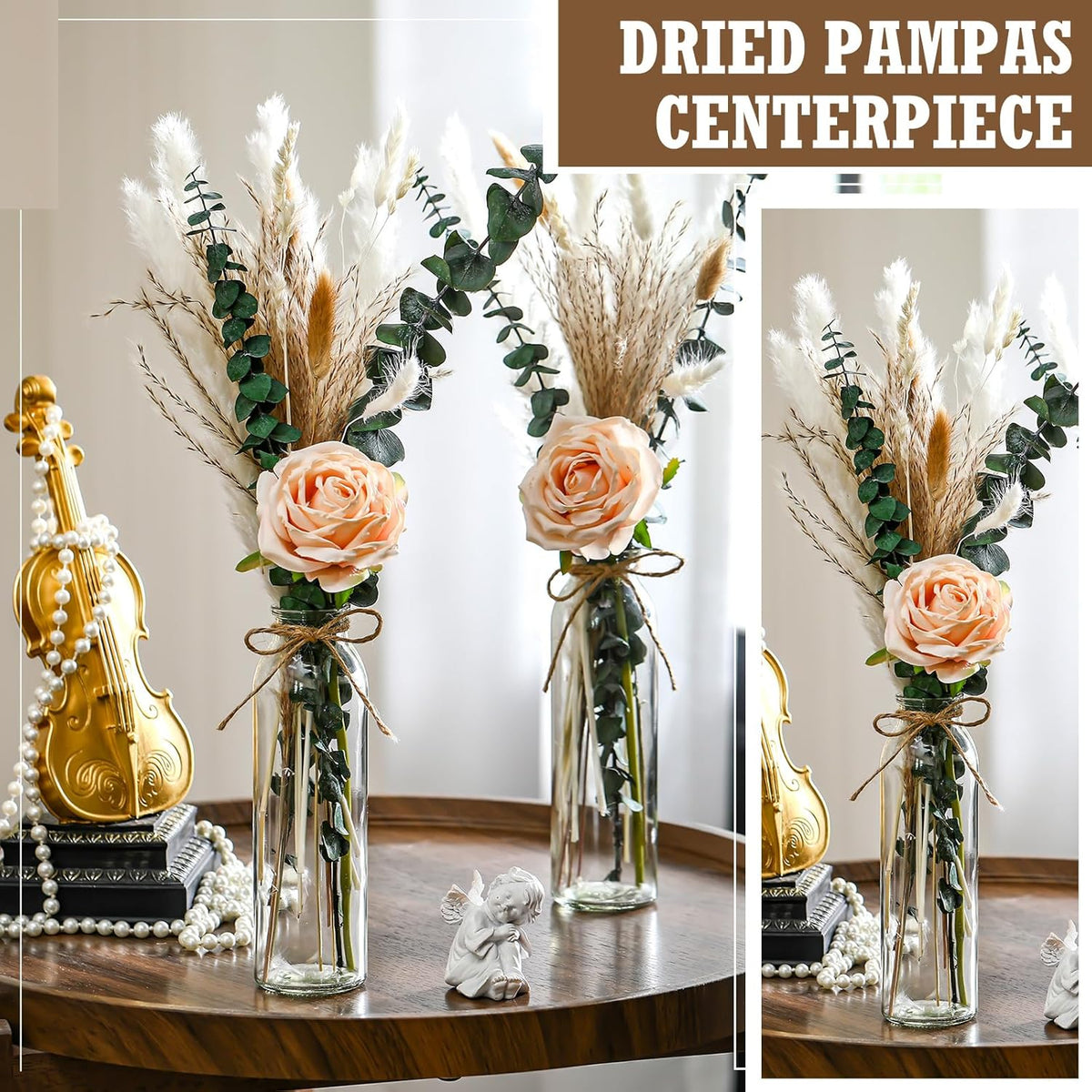 10 Set Dried Pampas Grass Centerpiece for Wedding 10 Clear Glass Jars 10 Artificial Roses 80 Dried