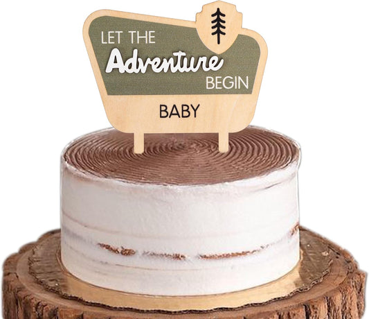 Let The Adventure Begin Baby Shower Cake Topper - Happy Camper Wooden Cake Topper,Natural Adventure
