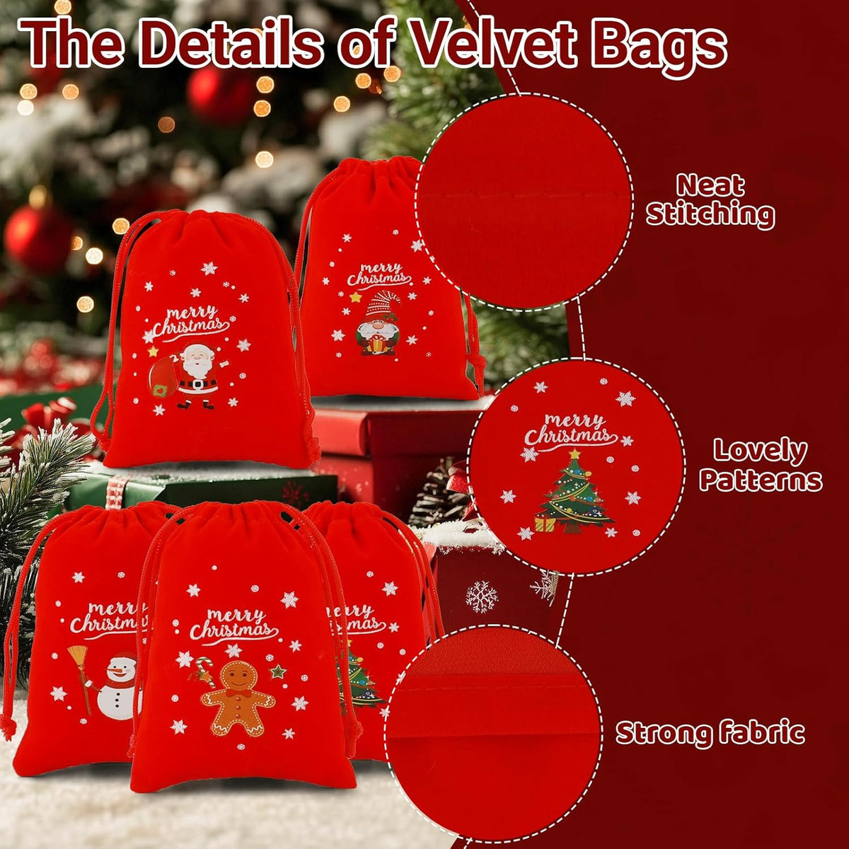 Tapleap Velvet Coth Christmas Bags with Drawstring, 50Pcs 3x4 for Wrapping Christmas Party Favors