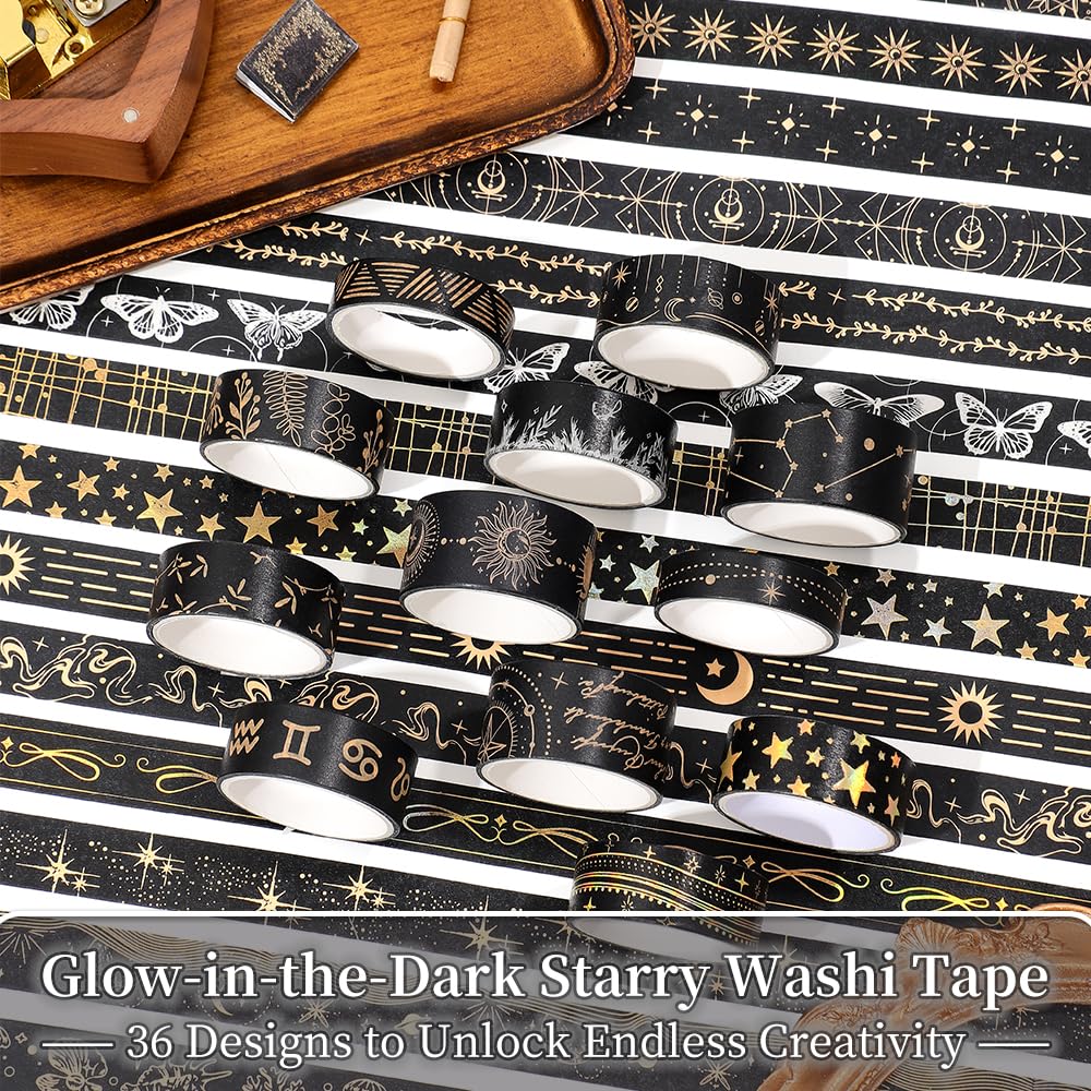 36 Rolls Glow-in-The-Dark Starry Washi Tape Set with Gold Foil Celestial Patterns - Writeable