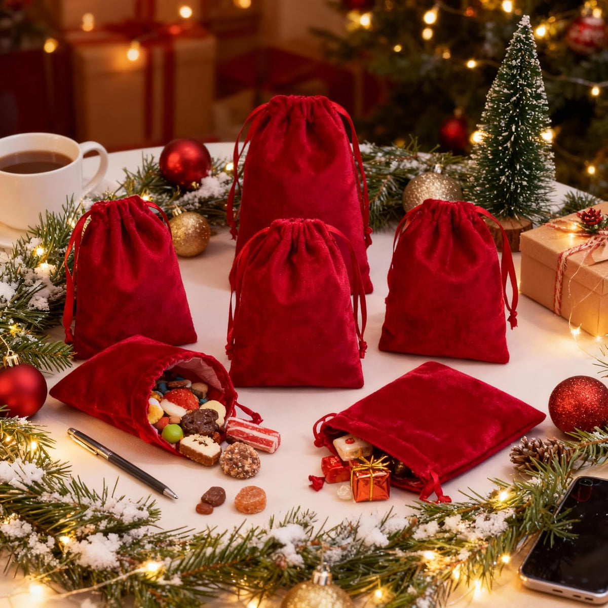 QIANF 12pcs Red Velvet Drawstring Bags 4x6 inches Velvet Cloth Small Gift Bags Jewelry Pouches for