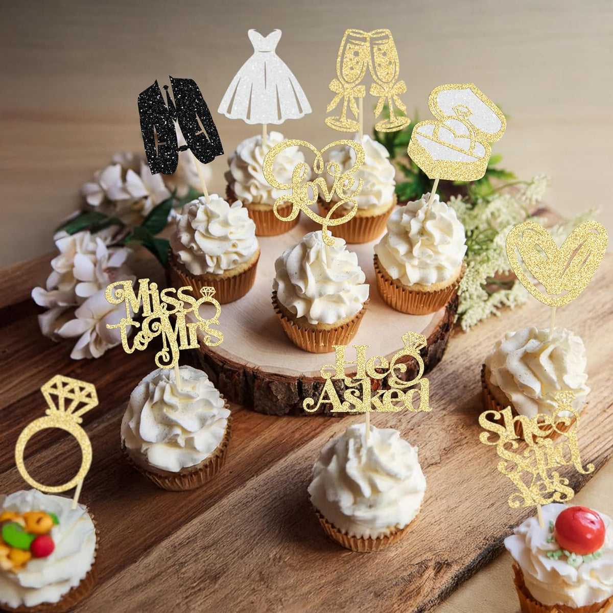 Gyufise 30Pcs She Said Yes Cupcake Toppers Glitter Diamond Ring I Do Love Cupcake Picks Miss to Mrs