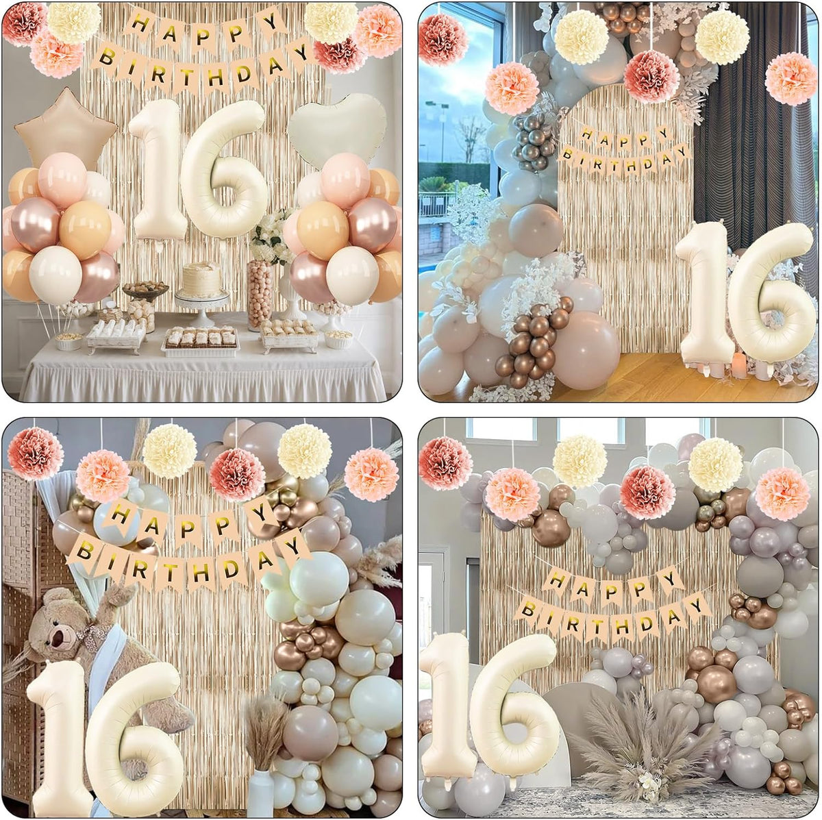 Beige 16th Birthday Decorations Girls Boys Cream Number 16 Balloon Nude Gold Happy Birthday Banner