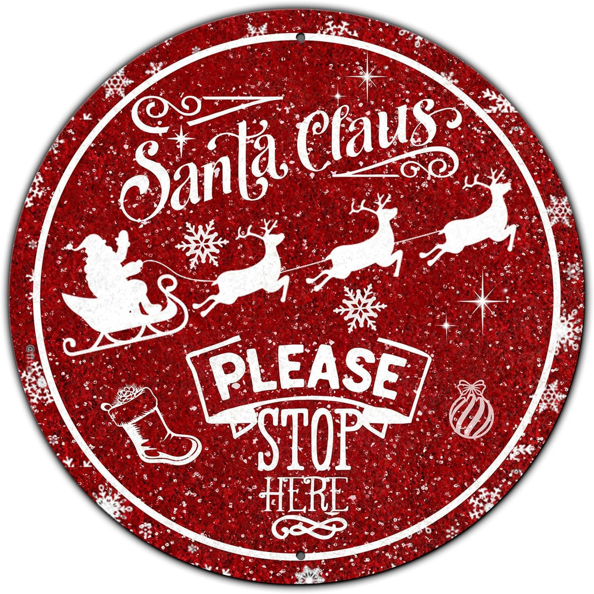 Round Metal Tin Sign - Santa Sleigh Reindeer Vintage Sign - Santa Claus Please Stop Here Sign for
