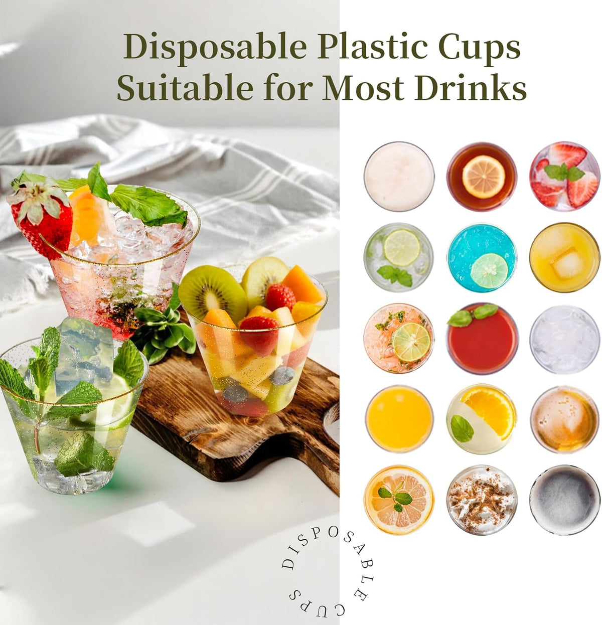 [100 Pack] 9oz Plastic Cups with Gold Glitter Sturdy & Food Safe Disposable Wine Glasses Party