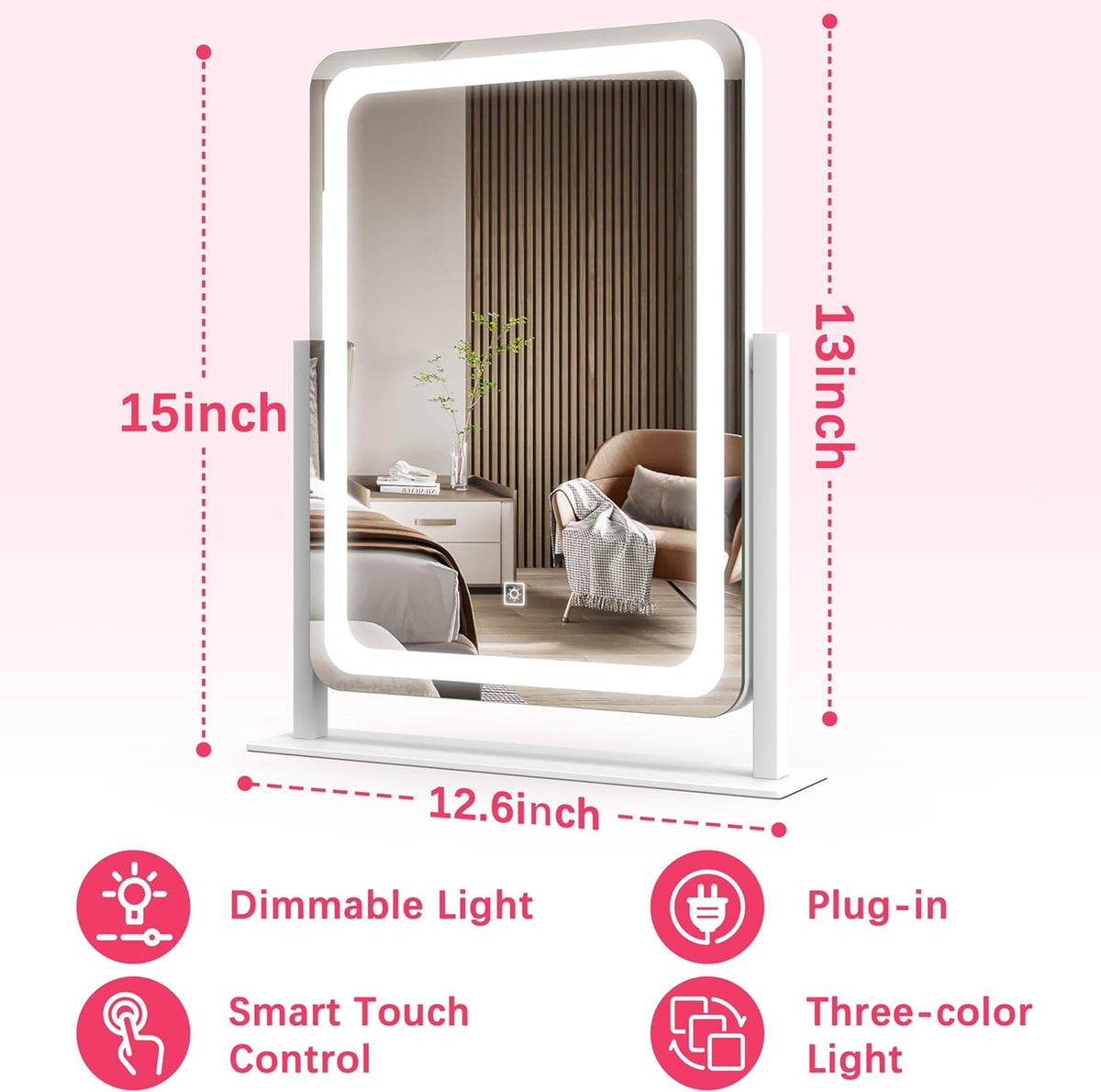 Vanity Mirror with Lights, 12.6"×15" LED Makeup Mirror, Lighted Makeup Mirror with Lights, Smart