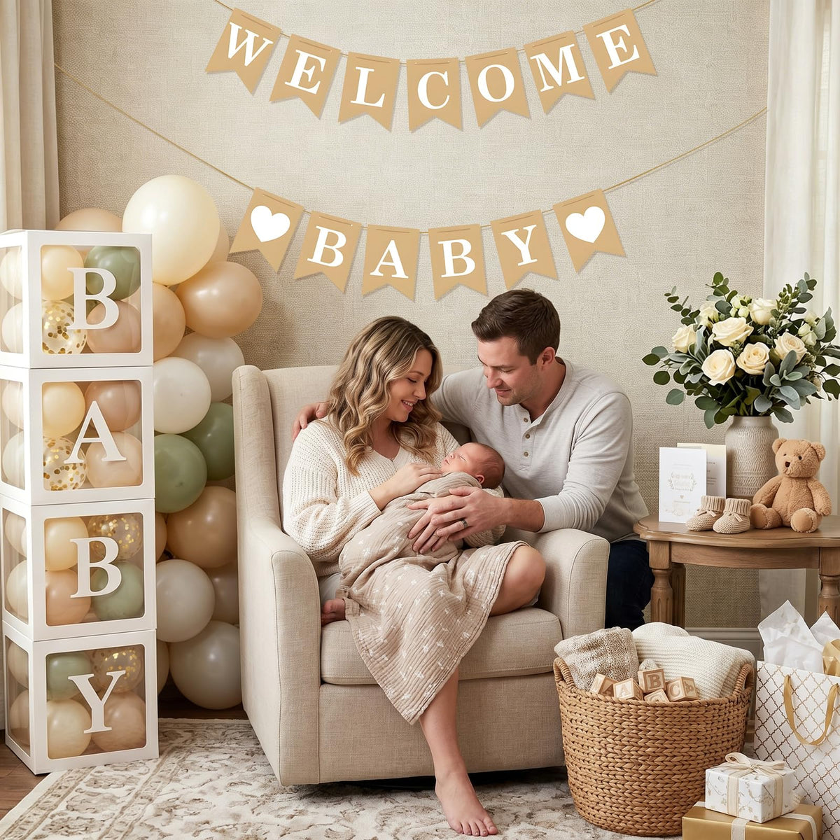 Welcome Baby Banner – Rustic Baby Shower Decorations, Gender Neutral Baby Shower Decor, Pre-Strung