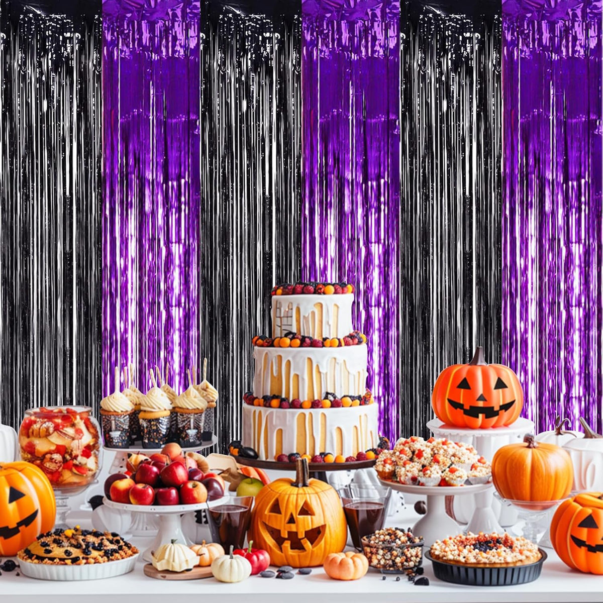 TONIFUL 2Pcs Black Purple Door Streamers,Photo Booth Backdrop Metallic Streamers Foil Fringe