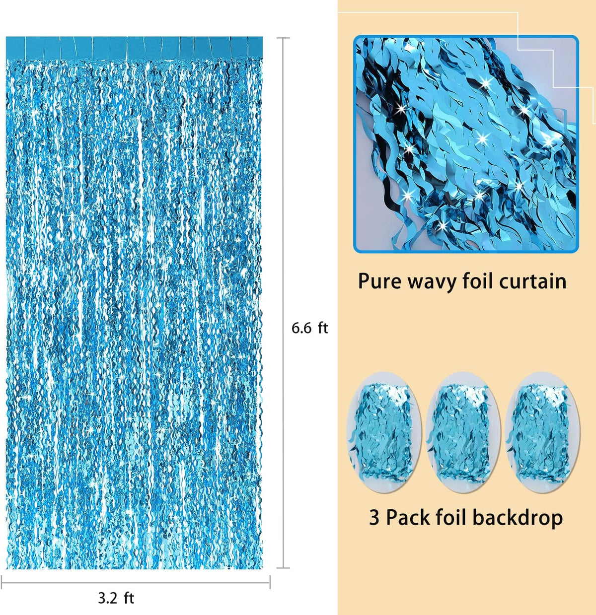 3 Pack Blue Wavy Tinsel Foil Fringe Curtain - 6.6 ft x 3.3 ft Foil Backdrop Photo Booth Props for