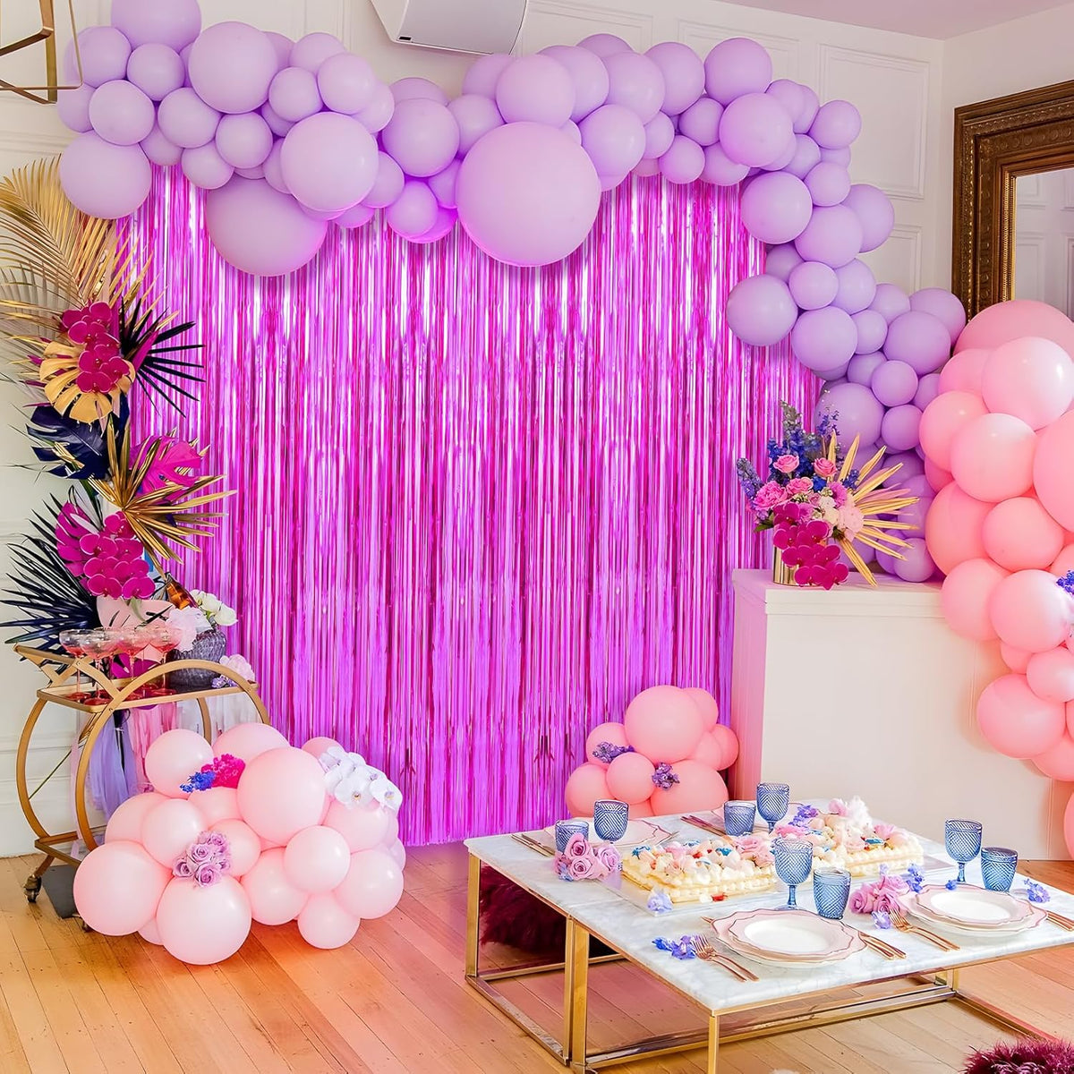 2 Pack Hot Pink Foil Fringe Curtains Streamers Party Decorations 3.3 x 8.2 ft, Tinsel Curtain