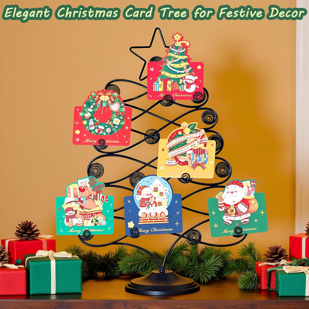 Decorative Metal Christmas Tree Card Holder, 18 Inch Tabletop Holiday Card Display Rack with Star