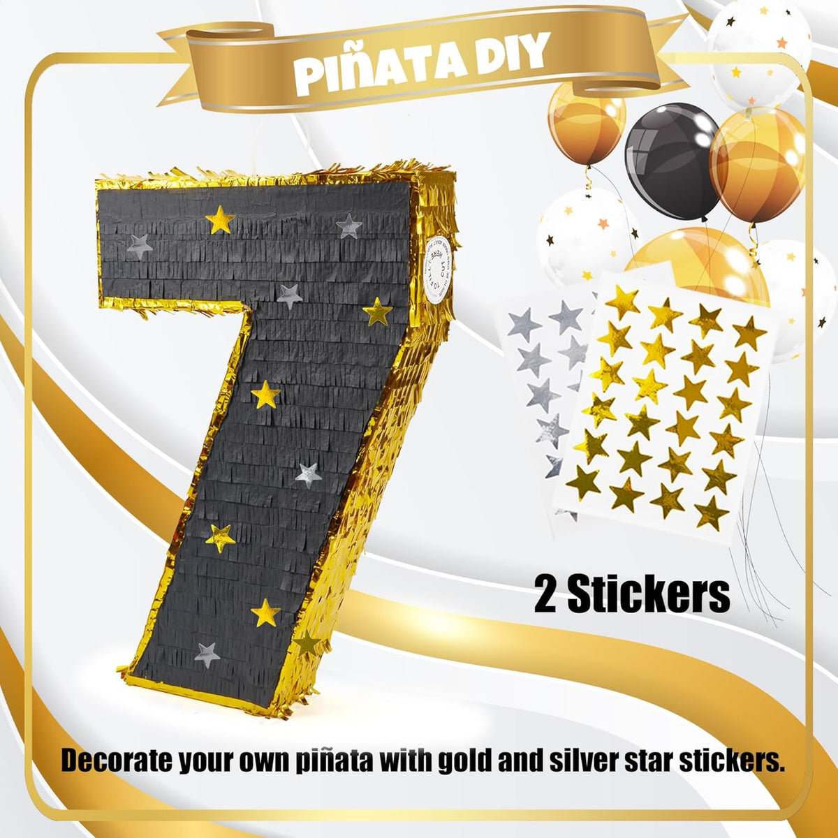PCFING 20 Inch Number 7 Piñata Gold Black with 30 Inch Piñata Stick Blindfold Confetti for Man