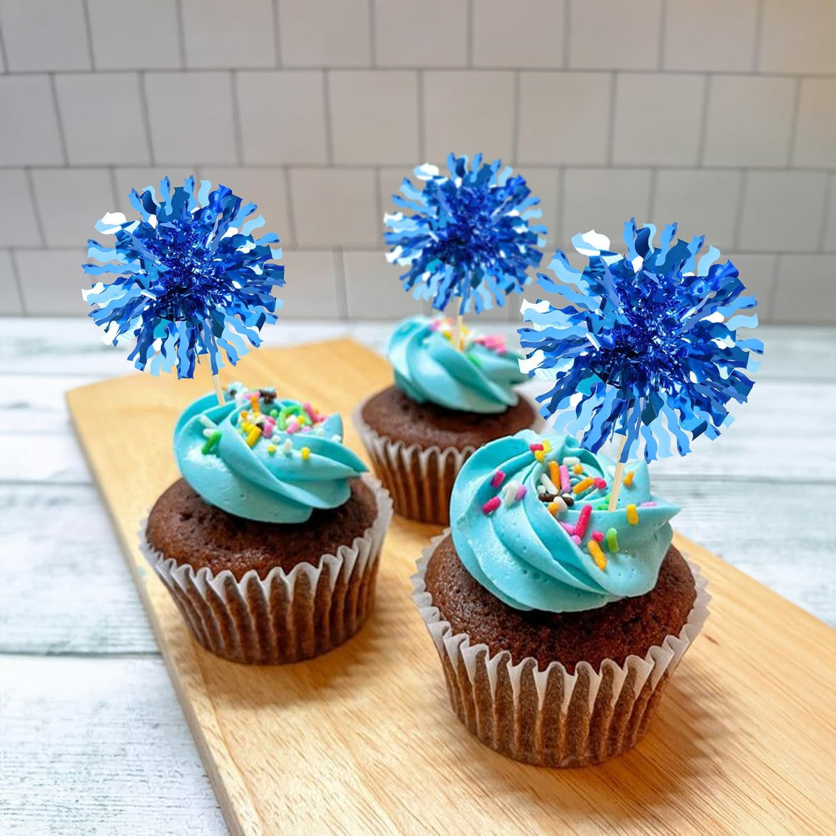 Ephlyn 30Pcs Foil Firework Cupcake Toppers Blue Tinsel Flower Drink Stirrers Cocktail Food Fruit