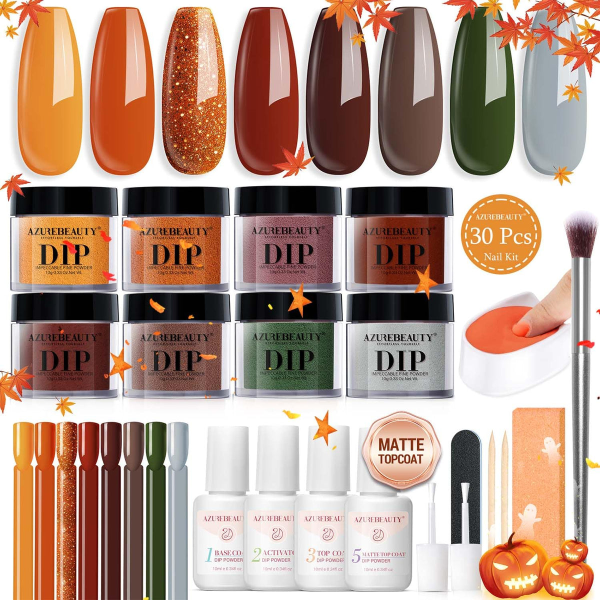 AZUREBEAUTY Dip Nails Powder Starter Kit, Maple Grey Sage Green Dark 8 Colors Set with Nail Sticks
