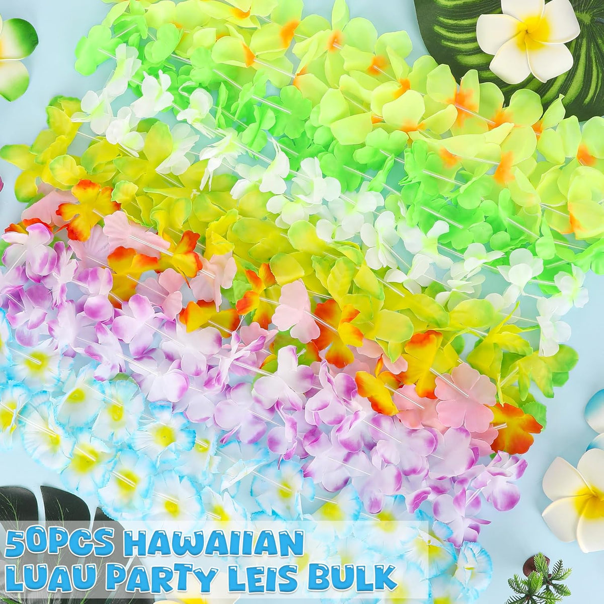 50PCS Hawaiian Leis, Leis for Luau Party Decor, Hawaiian Leis Colorful Tropical Theme Silk Flower