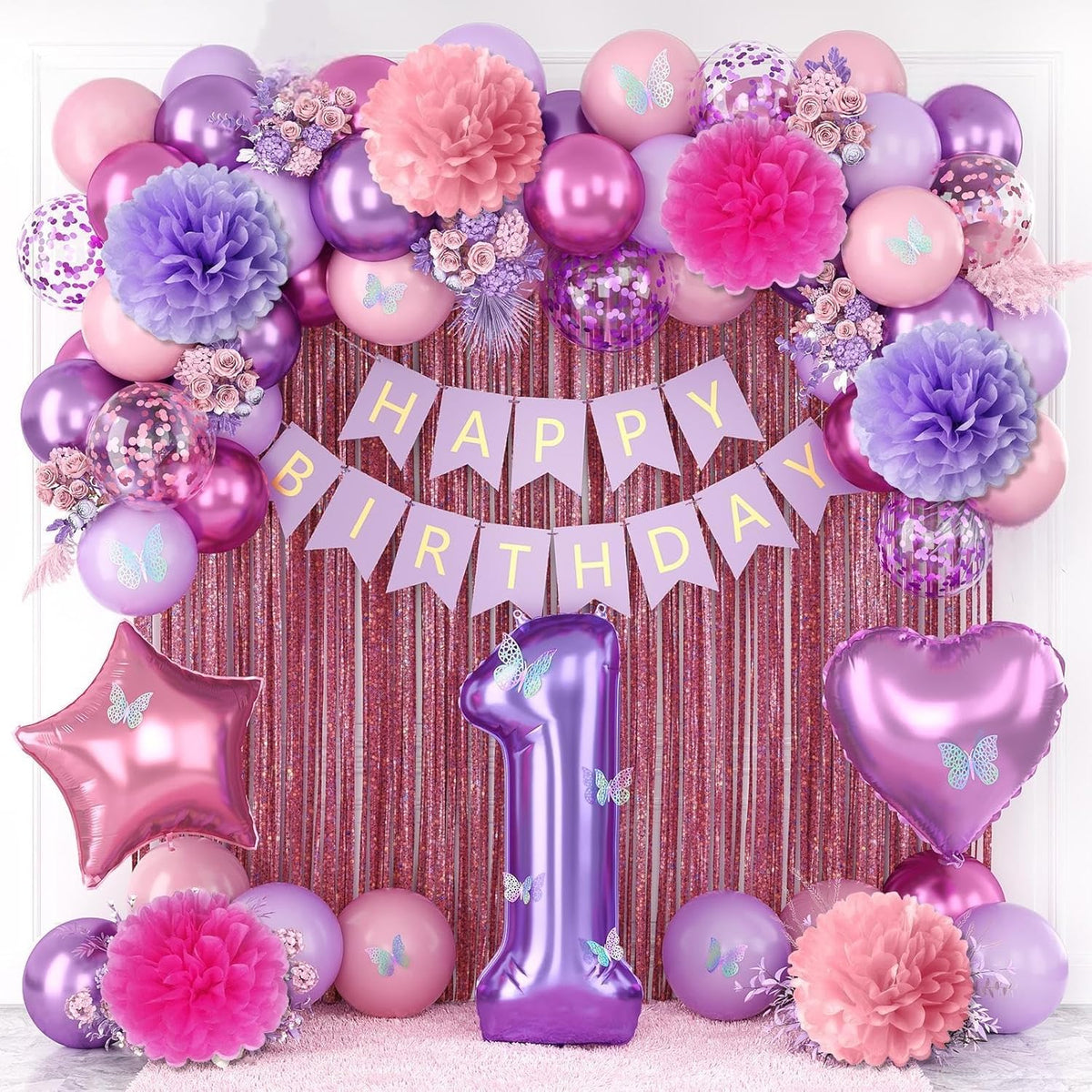 Pink Purple 1st Birthday Party Decorations for Girls Number 1 Balloon Happy Birthday Banner