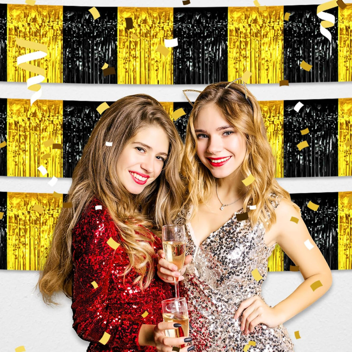 4 Pack 10 Feet Black Gold Foil Fringe Garland Metallic Tinsel Streamers Banner Wall Hanging Curtain