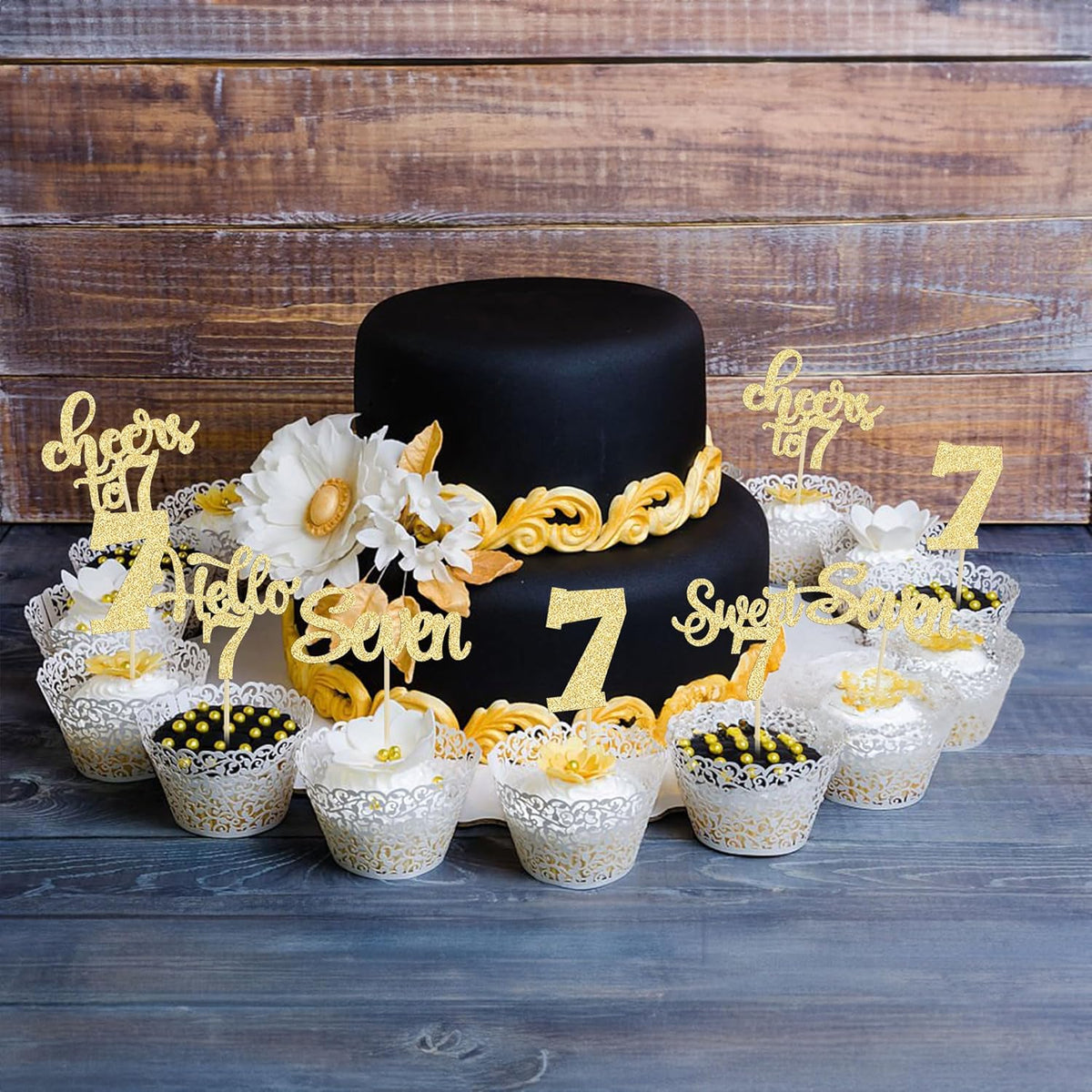 30Pcs 7th Birthday Cupcake Toppers Glitter Seven Happy 7 Cupcake Picks Cheers to 7 Years Old Cake
