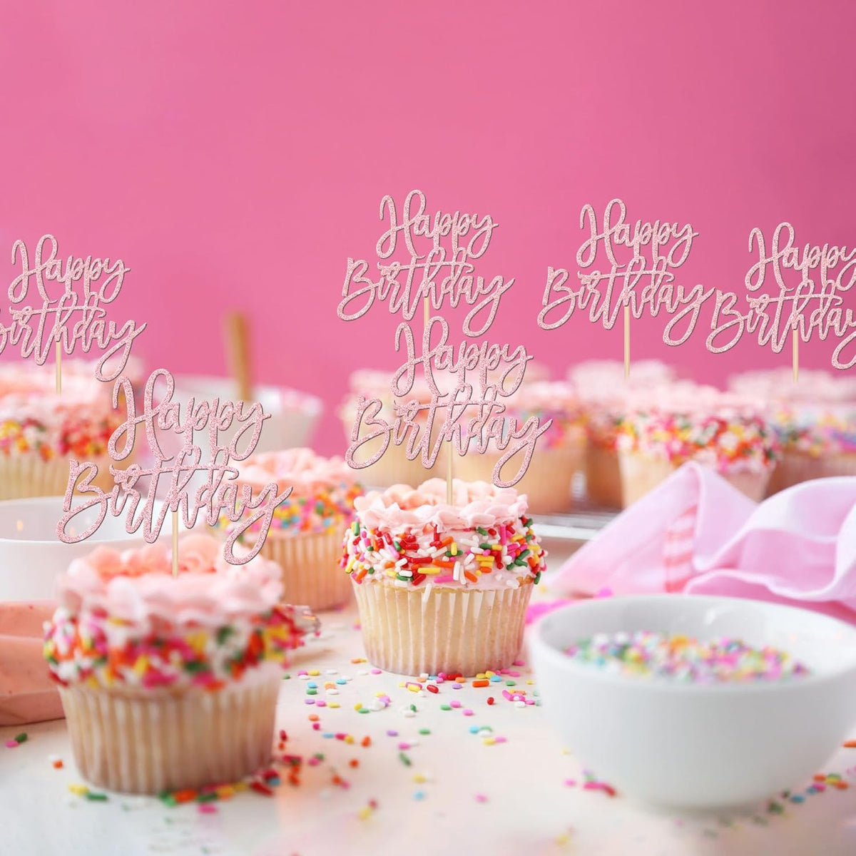 24 PCS Happy Birthday Cupcake Toppers Glitter Picks for Celebrating Anniversary Theme Party Cake