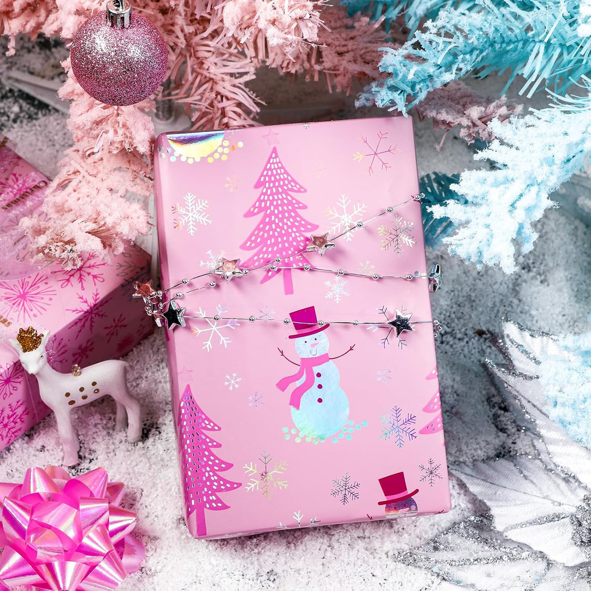 LeZakaa Christmas Pink Wrapping Paper Jumbo Roll, Snowman Christmas Tree & Snowflake Metallic Foil