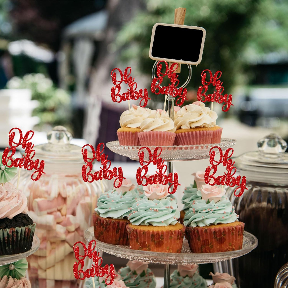 Gyufise 36Pcs Oh Baby Cupcake Toppers Glitter Baby Shower Cupcake Picks for Gender Reveal Baby