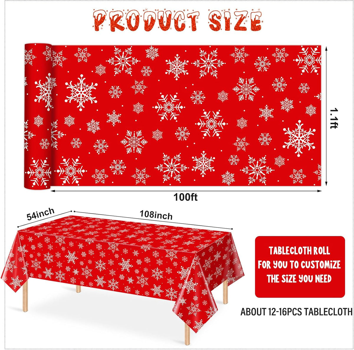 4.5x 100 Feet Roll of Christmas Plastic Tablecloth Decorations,Disposable White Snowflake Red Xmas