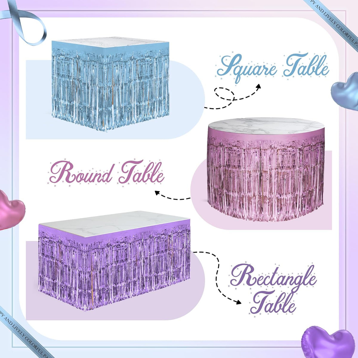 3 Pack Light Pink & Blue & Purple Table Skirts, 29x108" Metallic Foil Tinsel Fringe Table Skirt for