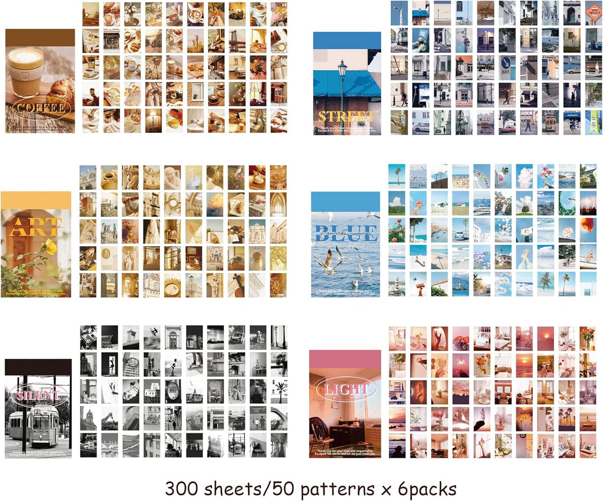 6 Sets 300 Pcs Washi Stickers Book for Journaling, Daily Scenery Life Stuff Travel Sricker Vintage