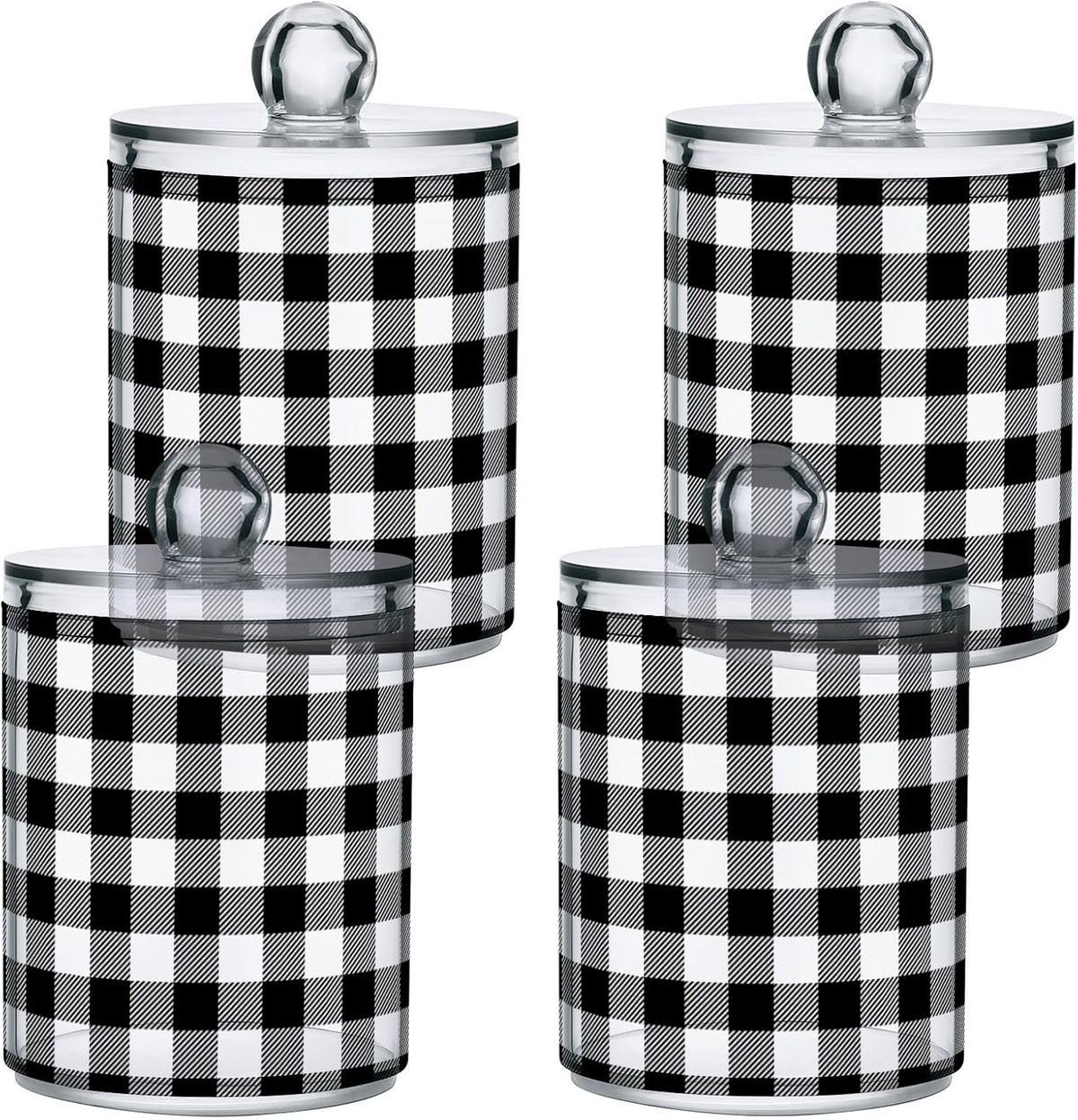 Gredecor Qtip Holder Dispenser 4 Pack Black White Classic Buffalo Plaid Apothecary Jars with Lids