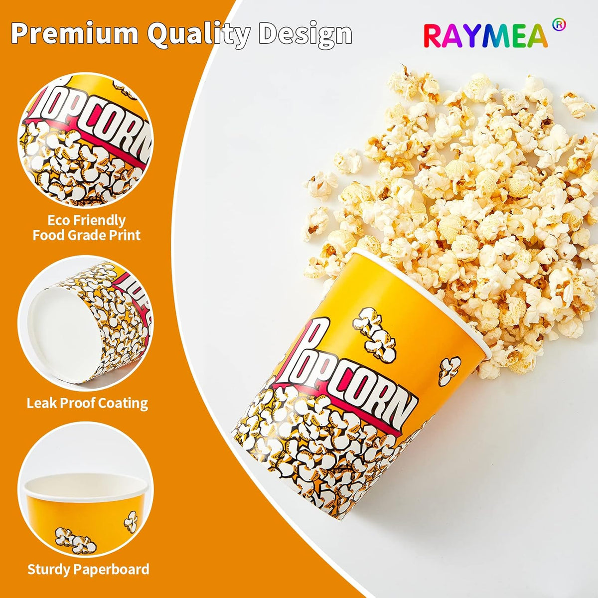 RAYMEA Popcorn Buckets Disposable 32oz Retro Style Paper Leak Proof Popcorn Containers Bowls for