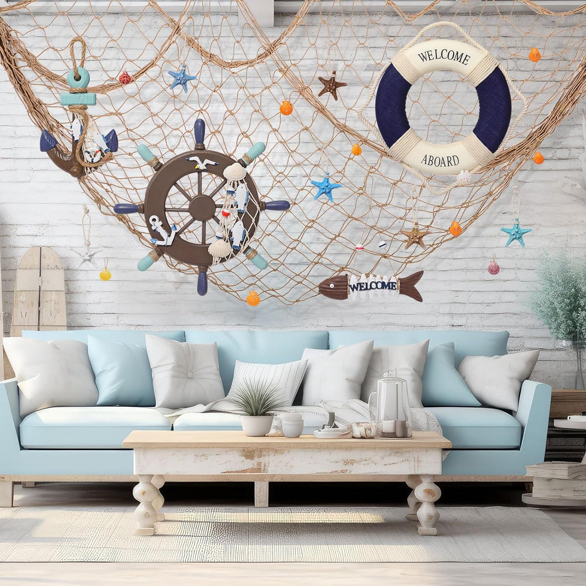 Marsui 11 Pcs Wooden Nautical Wall Decor Fishing Net Decoration, Include Decorative Fishing Net