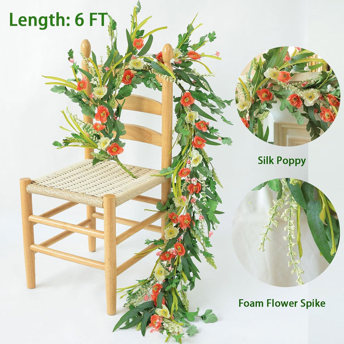 Mizii Red Artificial Flower Garland 6FT Fake Poppy Floral Garland Hanging Vines Spring Summer