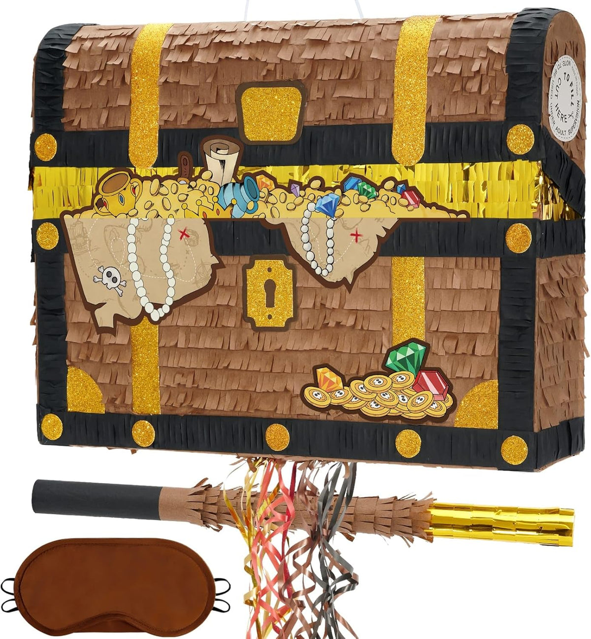 WERNNSAI Treasure Chest Piñata - Pull String Pirate Themed Piñata with Blindfold and Bat Adventure