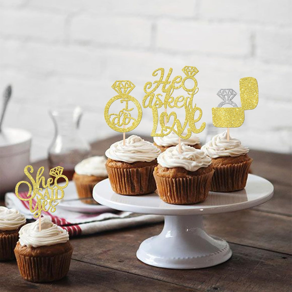 30 PCS He Asked She Said Yes Cupcake Toppers Love I Do Diamond Ring Cupcake Picks for Wedding