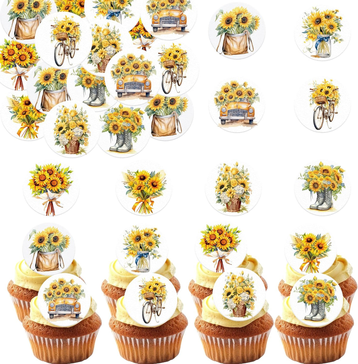 36 Pack Edible Sunflowers Cupcake Toppers Wafer Paper Floiwers Cupcake Picks Edible Yellow Sun