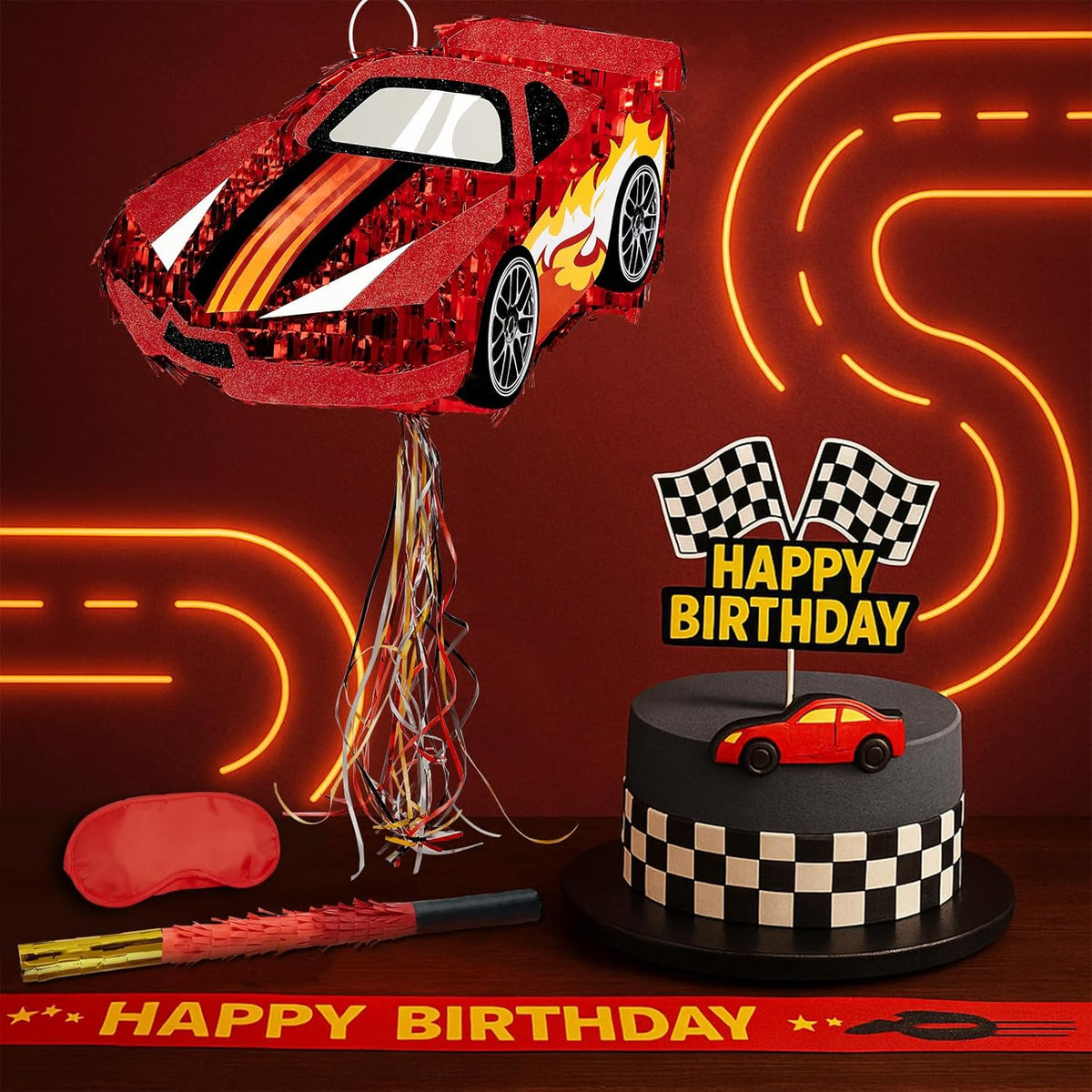 WERNNSAI Race Car Piñata - Race Car Birthday Decorations Truck Car Pinata Bundle with Blindfold and