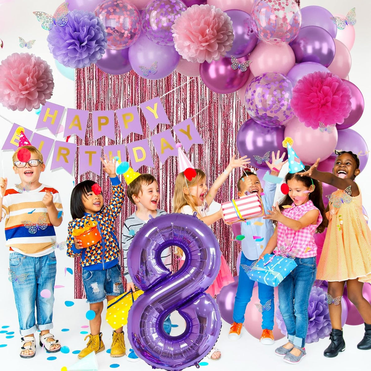 Pink Purple 8th Birthday Party Decorations for Girls Number 8 Balloon Happy Birthday Banner