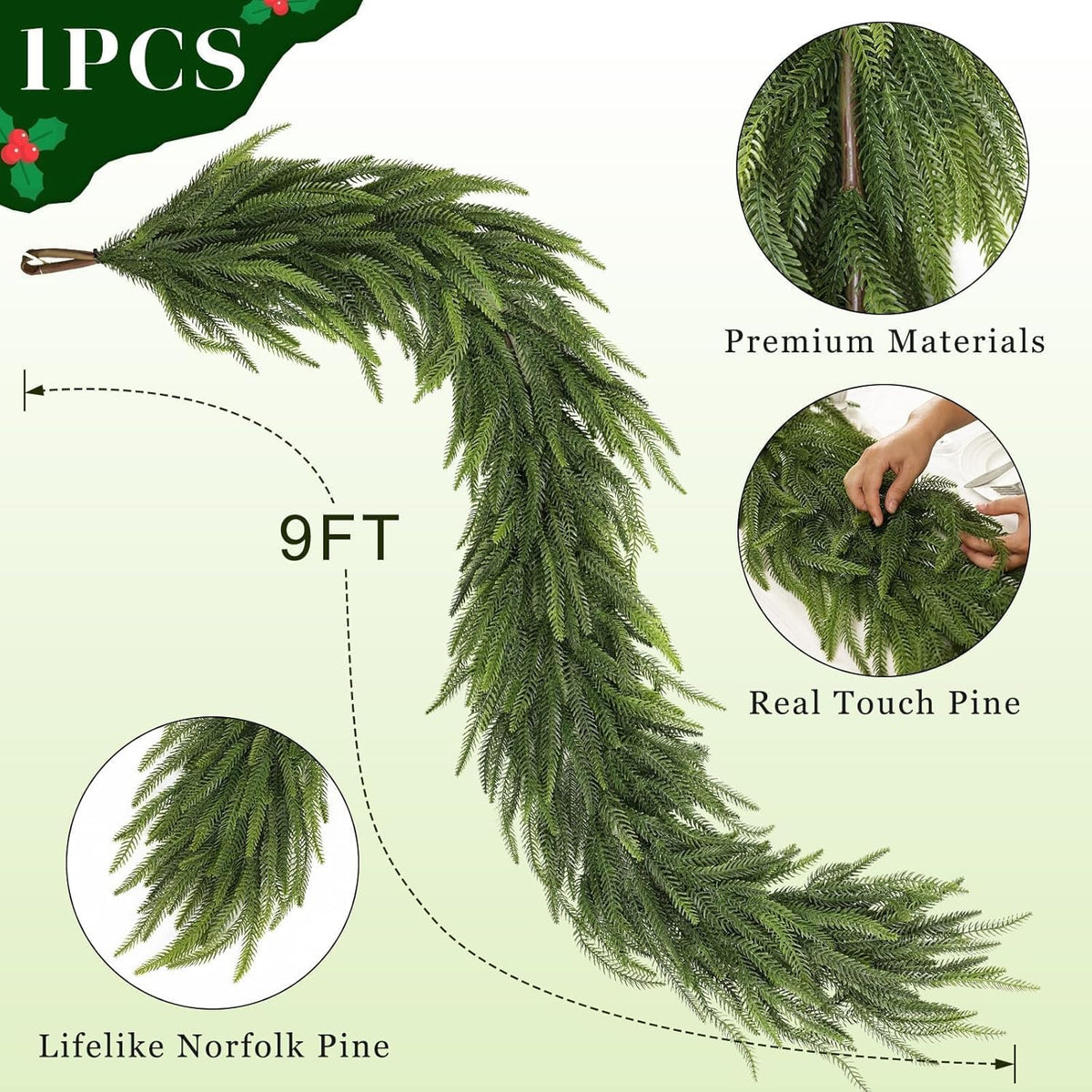 9FT Christmas Norfolk Pine Garland -1PCS, Artificial Pine Needles Garlands Faux Greenery Fake