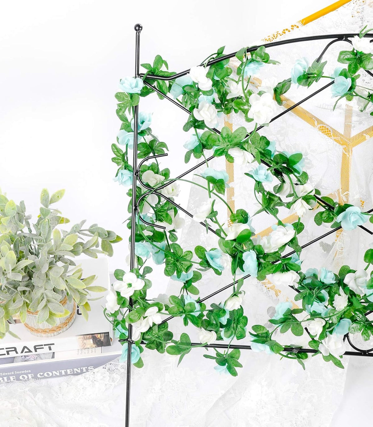 Miracliy 9Pcs 74FT Blue and White Flower Garland Artificial Rose Arch Vines Fake Spring Floral