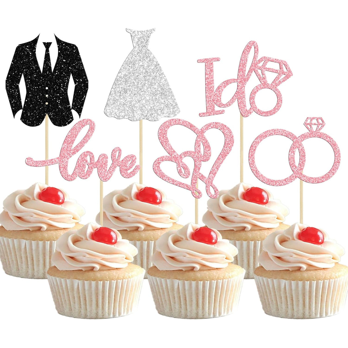 Gyufise 24Pcs Wedding Cupcake Toppers Glitter Groom and Bride Cupcake Picks Love I Do Ring Heart