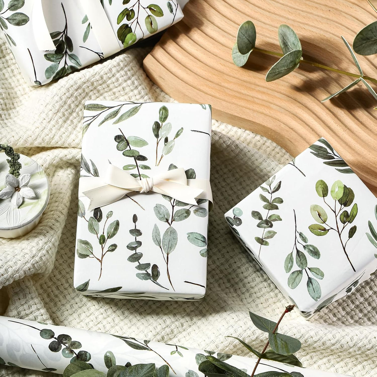 WRAPAHOLIC Kraft Wrapping Paper - Mini Roll - 17 Inch x 16.5 Feet - Eucalyptus Leaves Wrapping