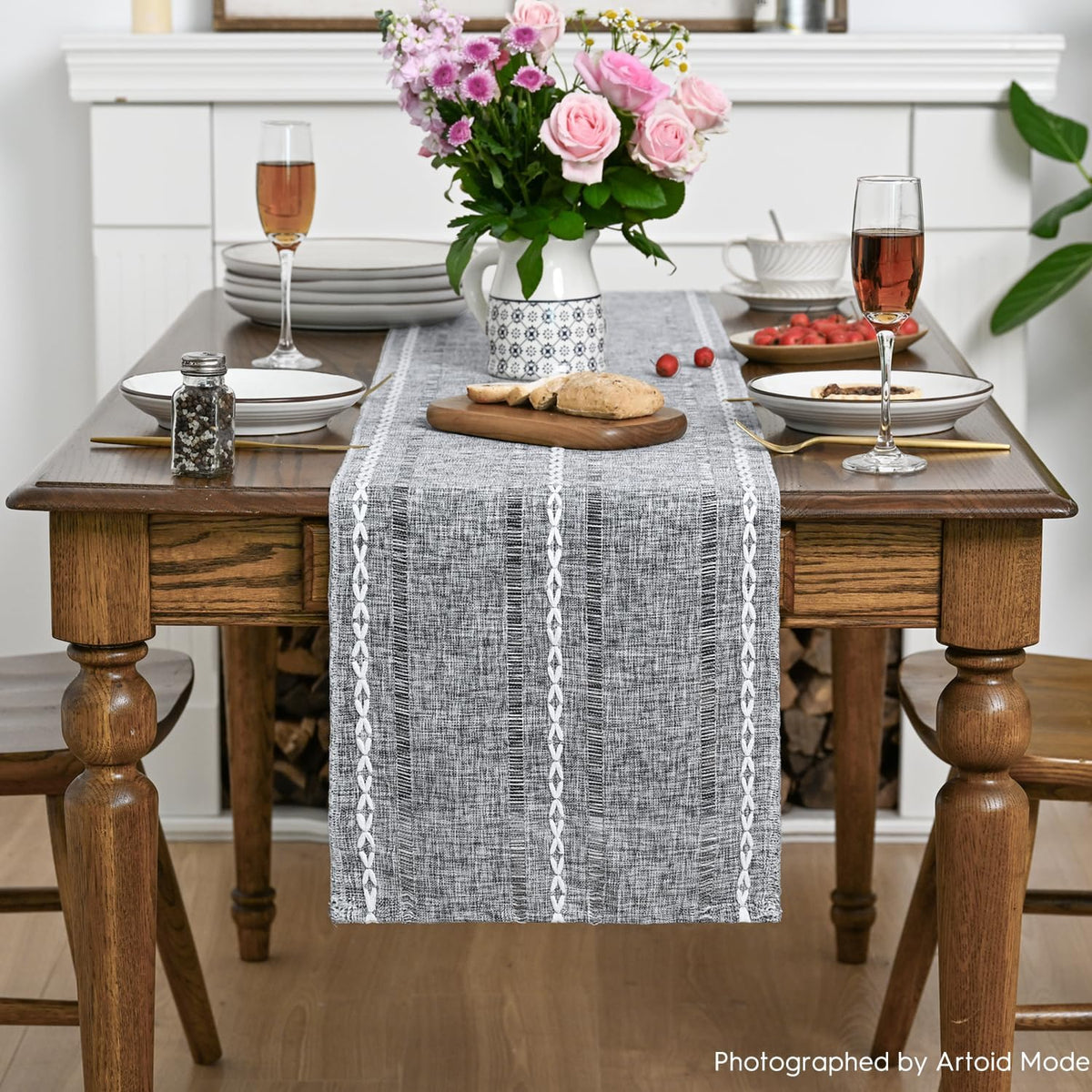 Artoid Mode Dark Grey Rustic Cotton Linen Table Runner, Seasonal Embroidered Hollow Kitchen Dining