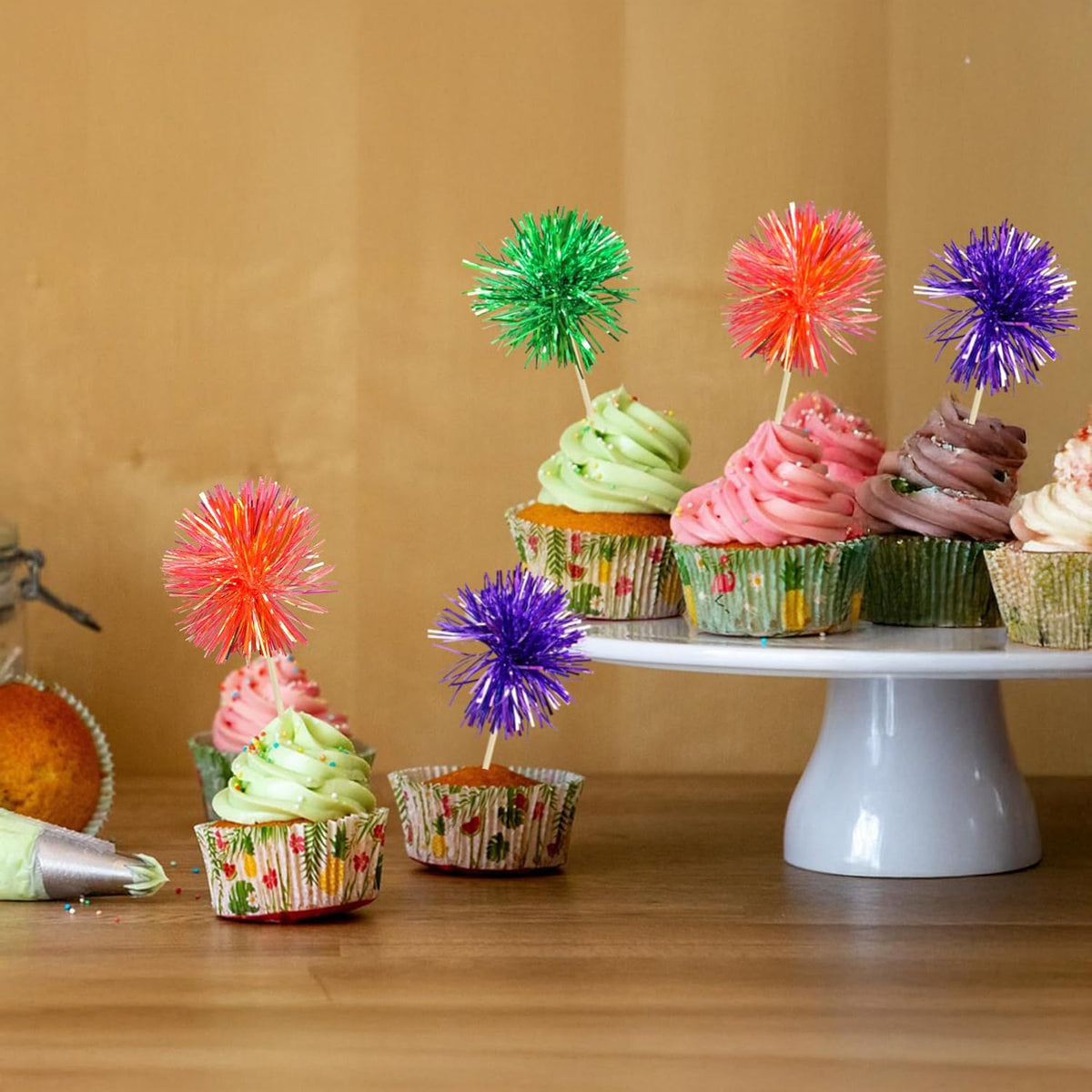 Gyufise 30Pcs Foil Firework Cupcake Toppers Sparkle Tinsel Cake Toppers Tinsel Drink Cake