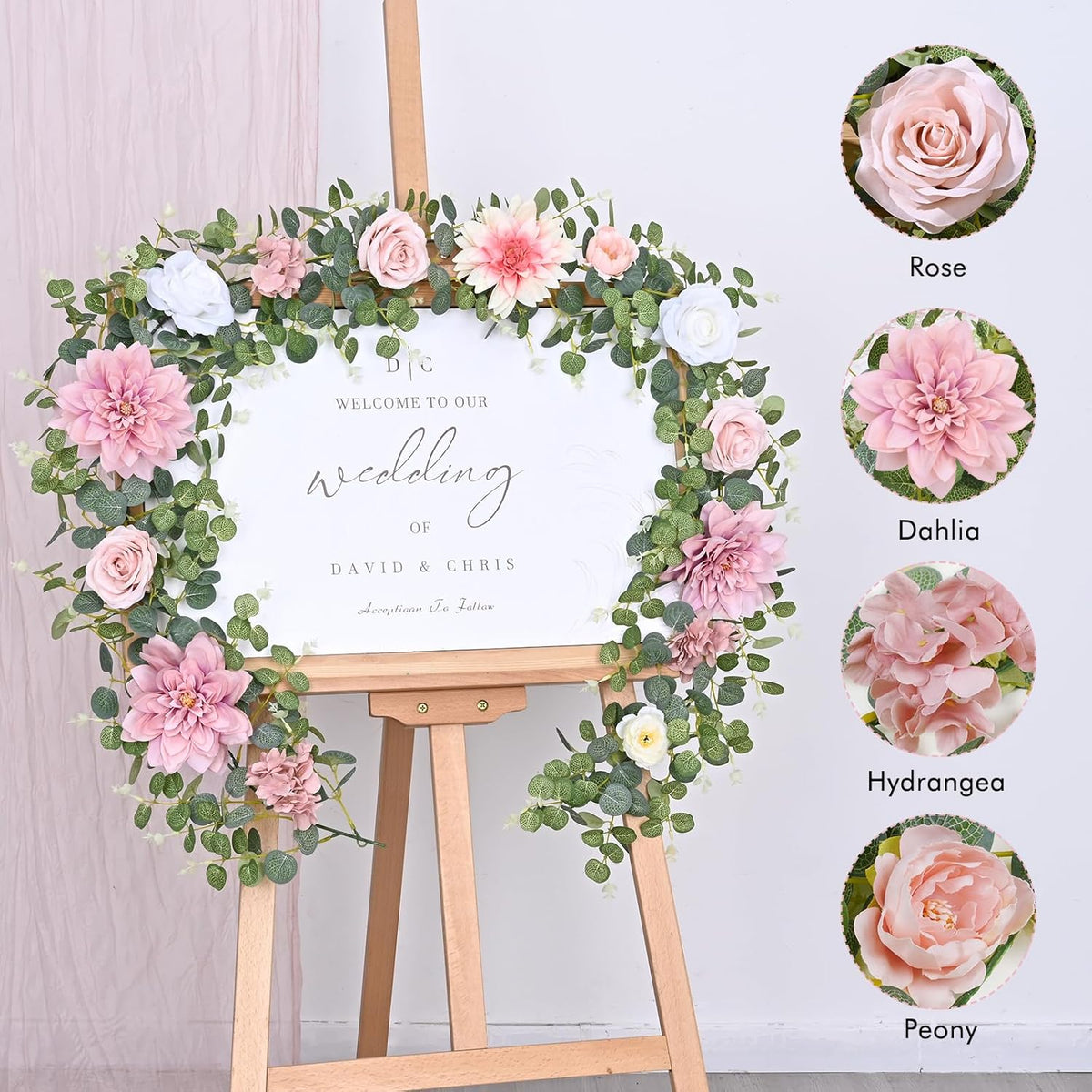 Waipfaru Artificial Flower Garland, 6.07ft Eucalyptus Garland with Flowers for Wedding Reception