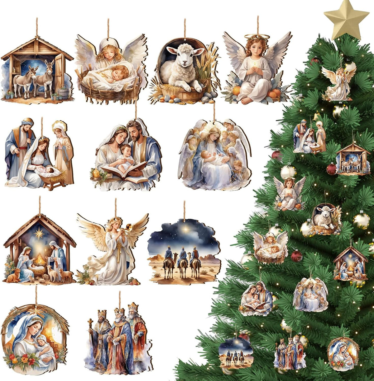 Suzile 36 Pcs Christmas Wooden Ornaments Nativity Ornaments Religious Christmas Decorations for