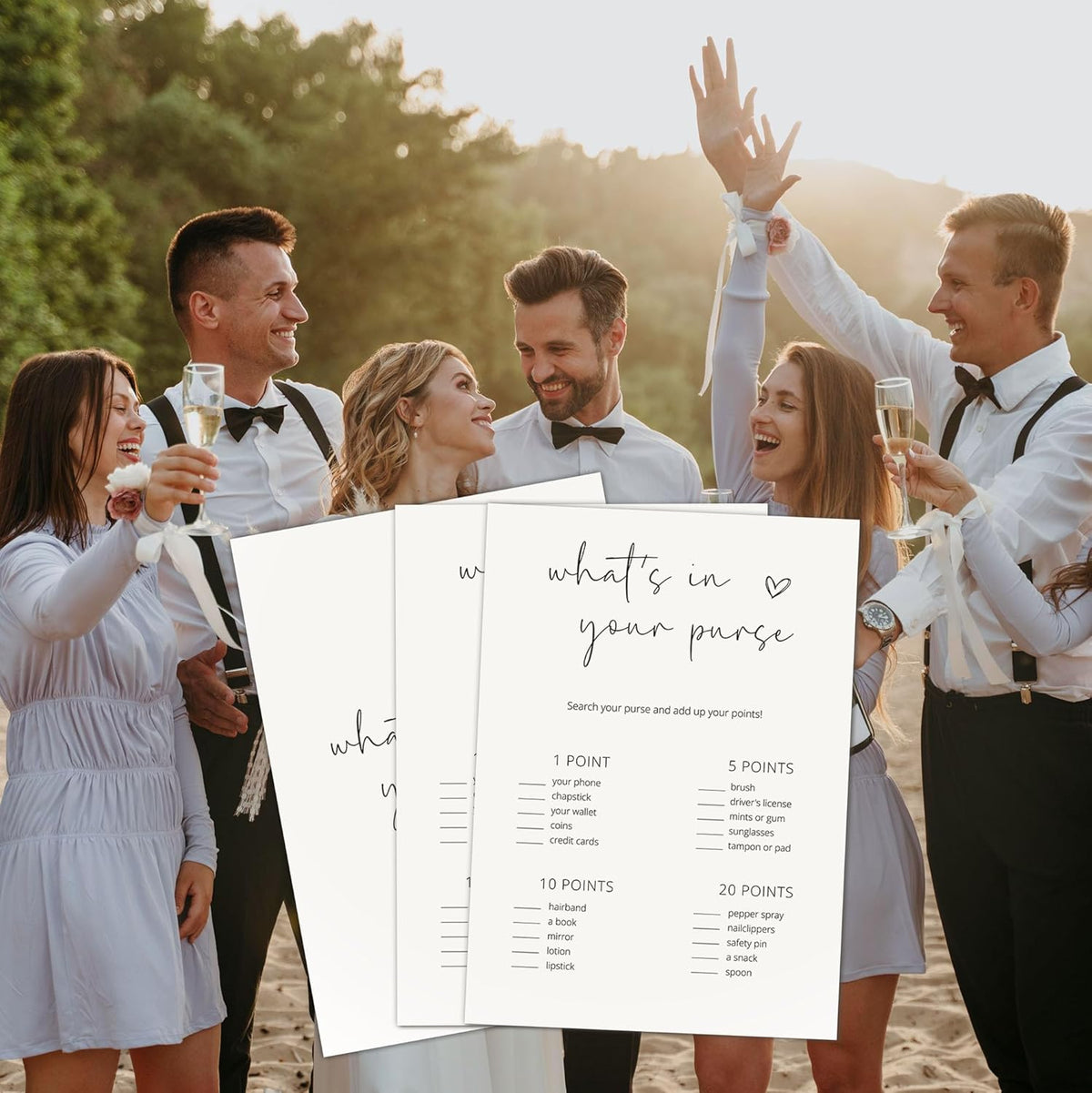 Bridal Shower Games, What's in Your Purse, 25Pcs Minimalist White Double-Sided Bridal Game Cards