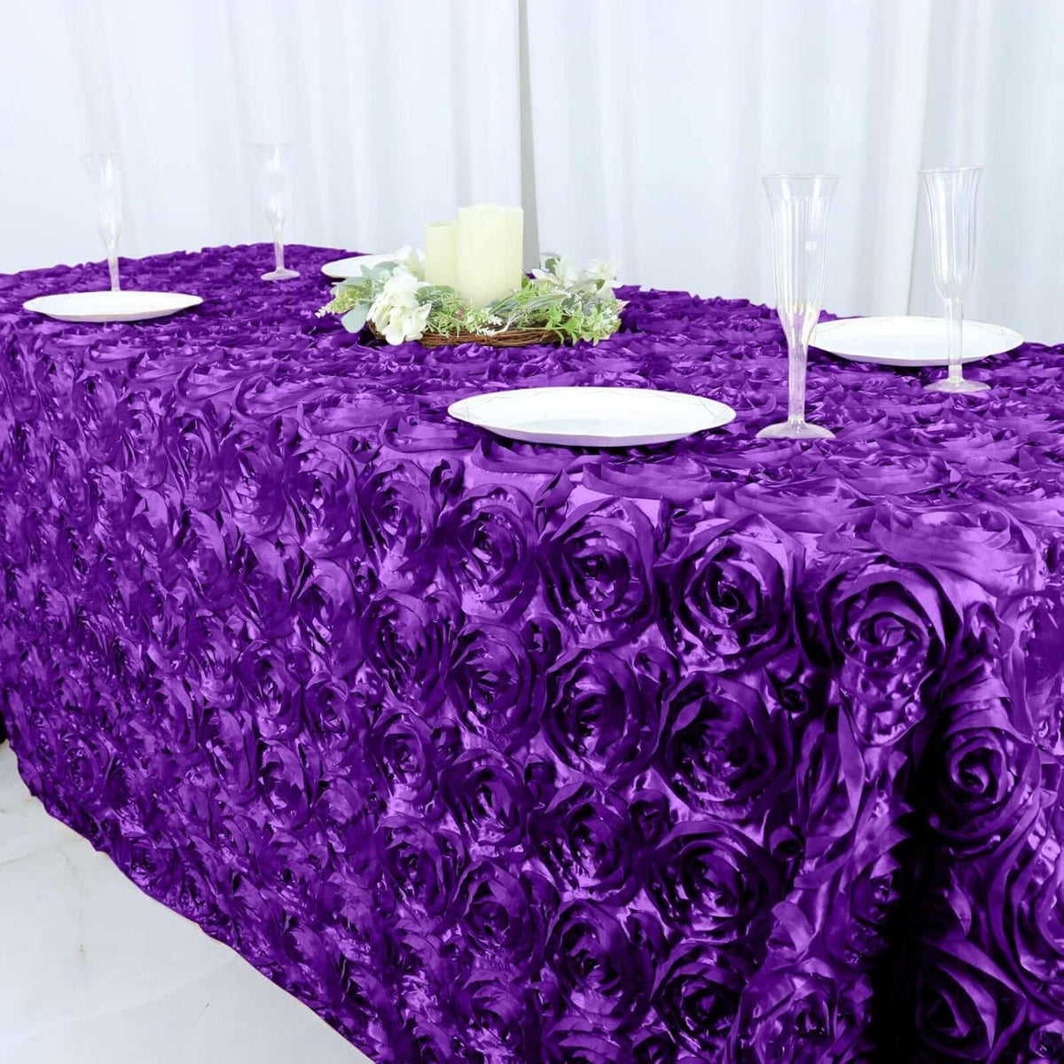 Efavormart 90"x132" Wholesale Rectangle Table Cover Purple Grandiose Rosette 3D Satin Tablecloth