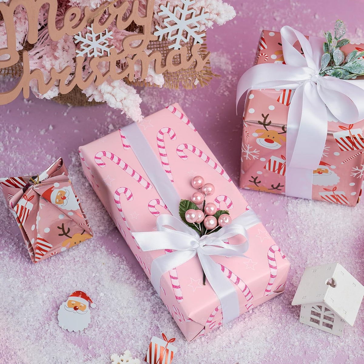 LeZakaa Christmas Pink Wrapping Paper Jumbo Roll, Santa Claus & Candy Cane, Metallic Foil, Rose