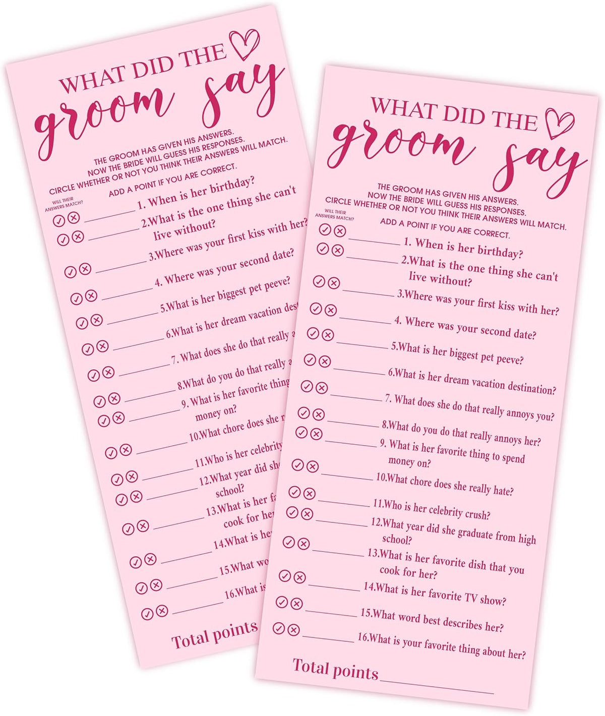 Pink Wedding Shower Games Cards, What Did The Groom Say, 4x9 Inch Bridal Shower Games for 25