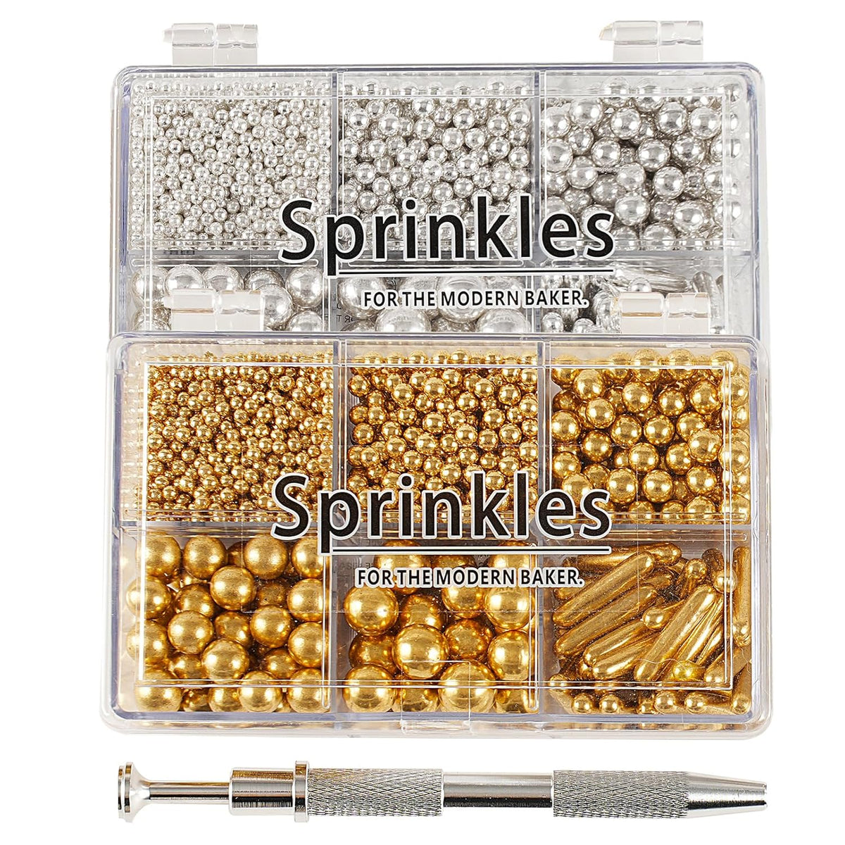 Kasvan Gold and Silver Sugar Sprinkles - Edible Candy Pearls with 4-Claw Sprinkle Pen,8.32Oz, Gift